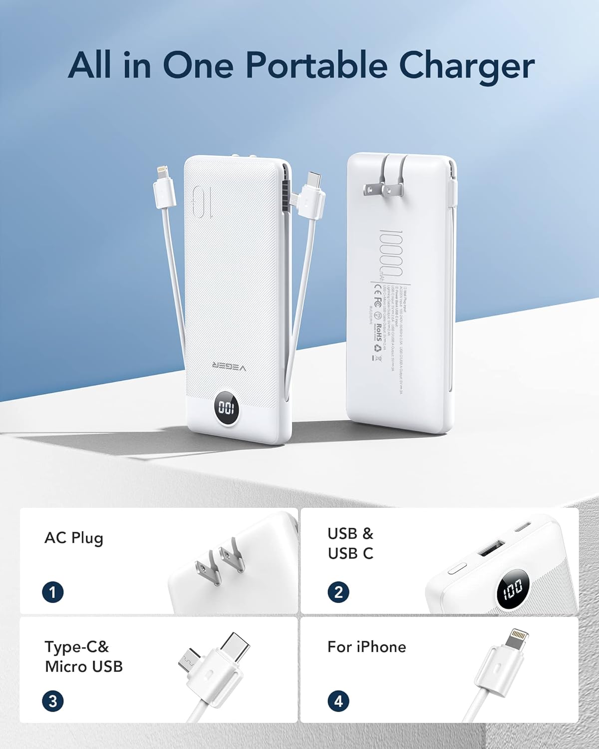 VEGER Portable Charger for iPhone Built in Cables Fast Charging USB C Slim 10000mAh Power Bank, Wall Plug USB Battery Pack for iPhones, iPad, Samsung More Phones Tablets (White)