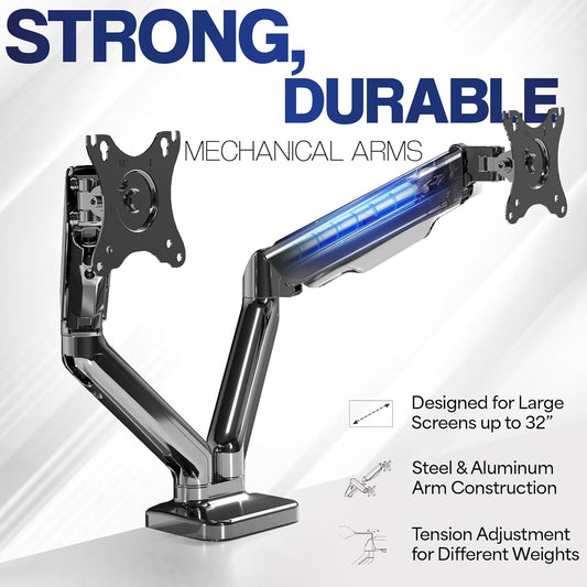 VIVO Dual Monitor up to 32 inches and 19.8 lbs per Screen, Pneumatic Arm Desk Mount, Articulating Counterbalance, VESA Stand, Classic, STAND-V002O - PuriLite
