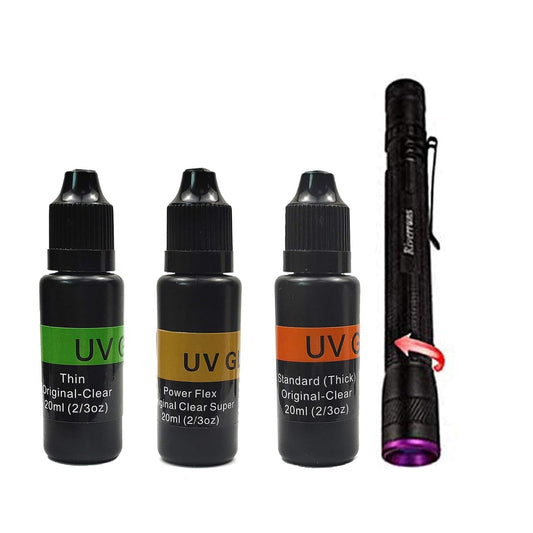 UV Clear Glue Thick Thin Flew+UV Power 395nm Zoomable Pen Light for UV Glue Curing,Heads Bodies and Wings, Small Mini Stylus, IPX5 Water-Resistant