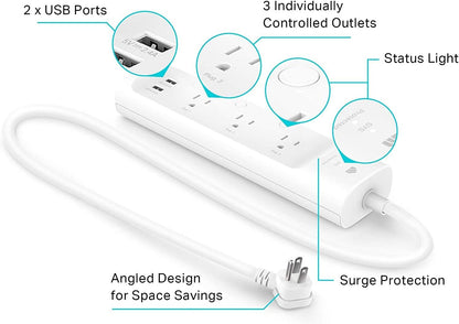 Kasa Smart Plug Power Strip by TP-Link (KP303) - Surge Protector with 3 Smart Outlets and 2 USB Ports, Works with Alexa Echo and Google Home, 2.4 Ghz Wifi Required, No Hub Required