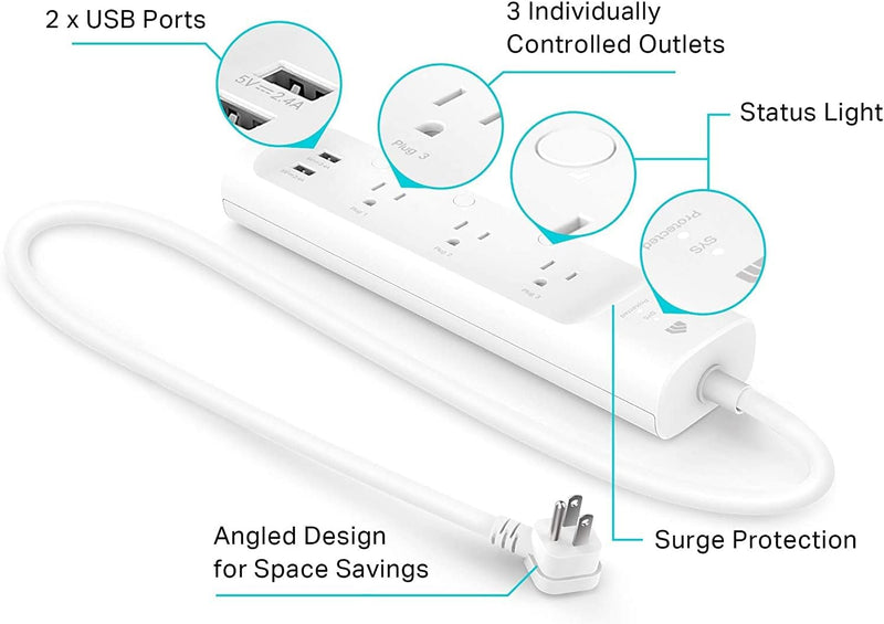 Kasa Smart Plug Power Strip by TP-Link (KP303) - Surge Protector with 3 Smart Outlets and 2 USB Ports, Works with Alexa Echo and Google Home, 2.4 Ghz Wifi Required, No Hub Required