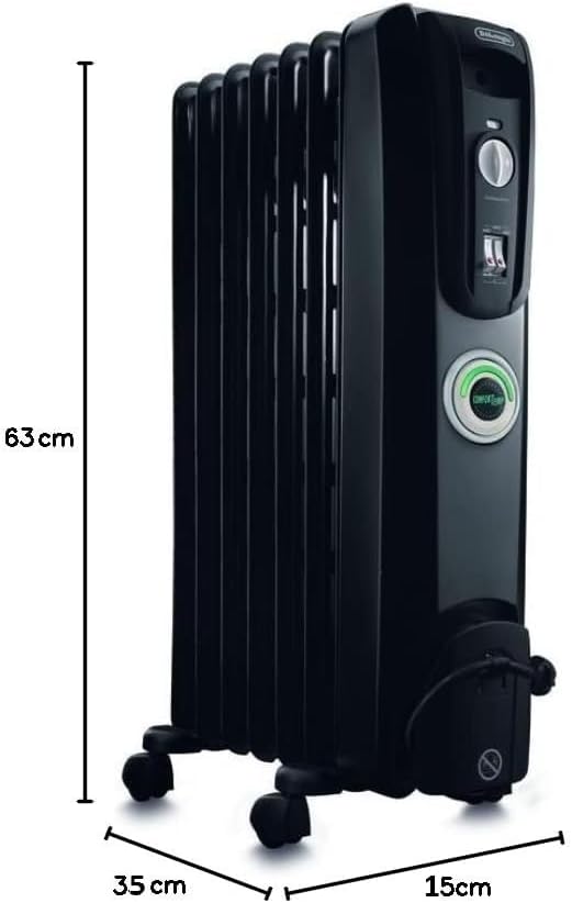 DeLonghi Oil-Filled Radiator Space Heater, Quiet 1500W, Adjustable Thermostat, 3 Heat Settings, Energy Saving, Safety Features, Black, Comfort Temp EW7707CBCA