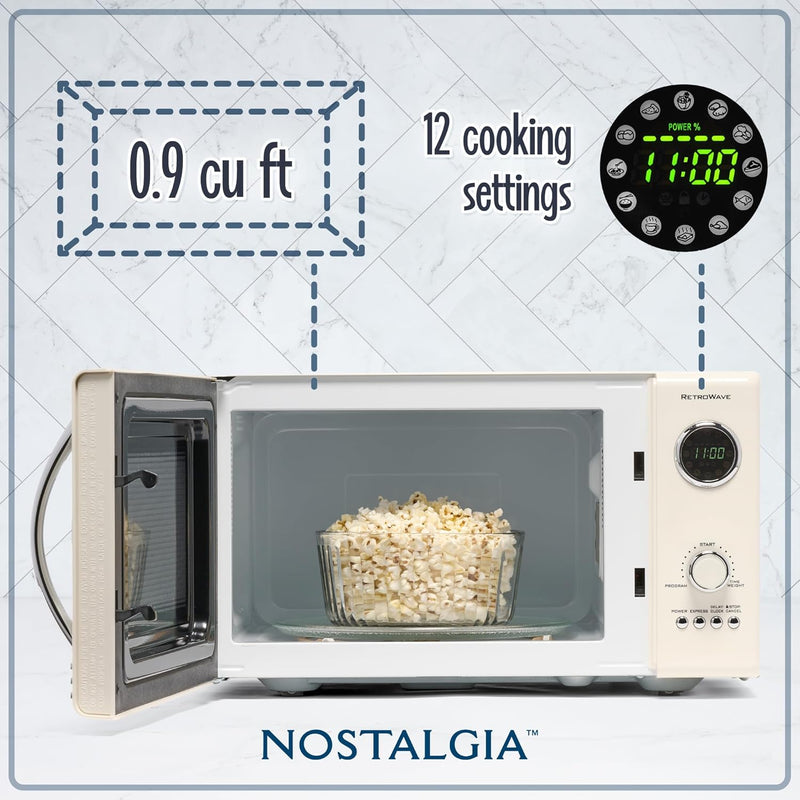 Nostalgia Retro Countertop Microwave Oven - Large 800-Watt - 0.9 cu ft - 12 Pre-Programmed Cooking Settings - Digital Clock - Kitchen Appliances - Ivory