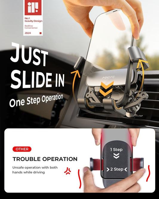 AINOPE Phone Mount for Car Vent 2024 Gravity Air Vent Car Phone Holder Mount for iPhone 16 pro max with Newest Vent Clip Hand Free Cell Phone Car Mount fits for iPhone 15 Plus Samsung Android Phones - PuriLite