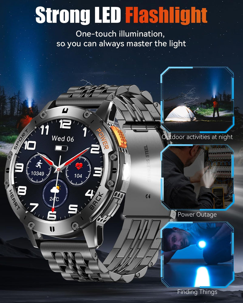 Military Smart Watches for Men with Bluetooth Call, 1.43" AMOLED Smartwatch with Flashlight, IP68 Waterproof, 530mAh Large Battery, 111 Sports Modes Fitness Tracker for iOS Android