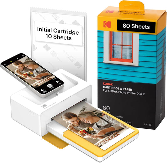 KODAK Dock Plus 4PASS Instant Photo Printer (4x6 inches) + 90 Sheets Bundle (10 Initial Sheets + 80 Sheets Pack)