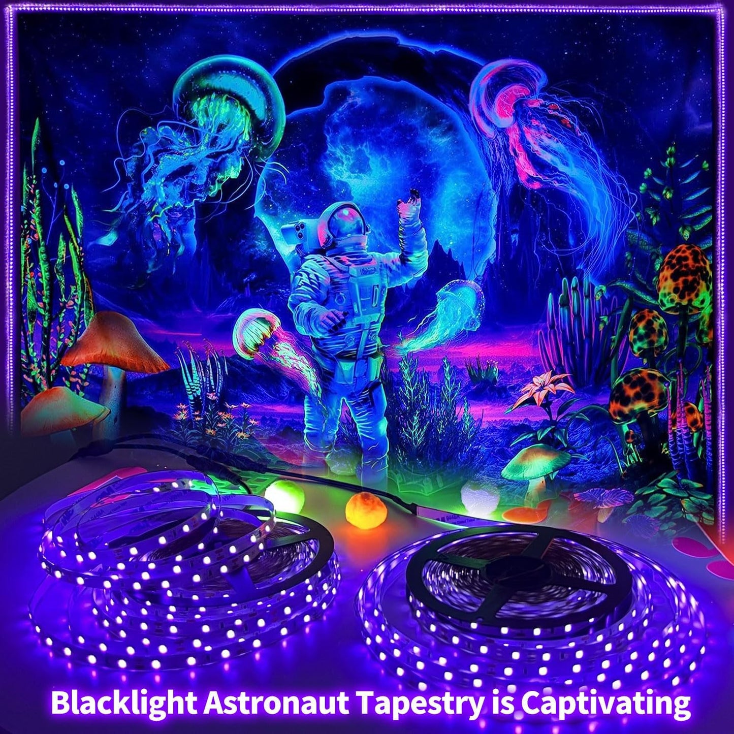 Upgraded 50ft/15M LED Black Light Strip Set with Remote, 900 LEDs, 12V Self-Adhesive Dimmable Black Light Fixture, for Dance Parties, Interior Decoration, SMD2835 LED Lamp Beads, Non-Waterproof