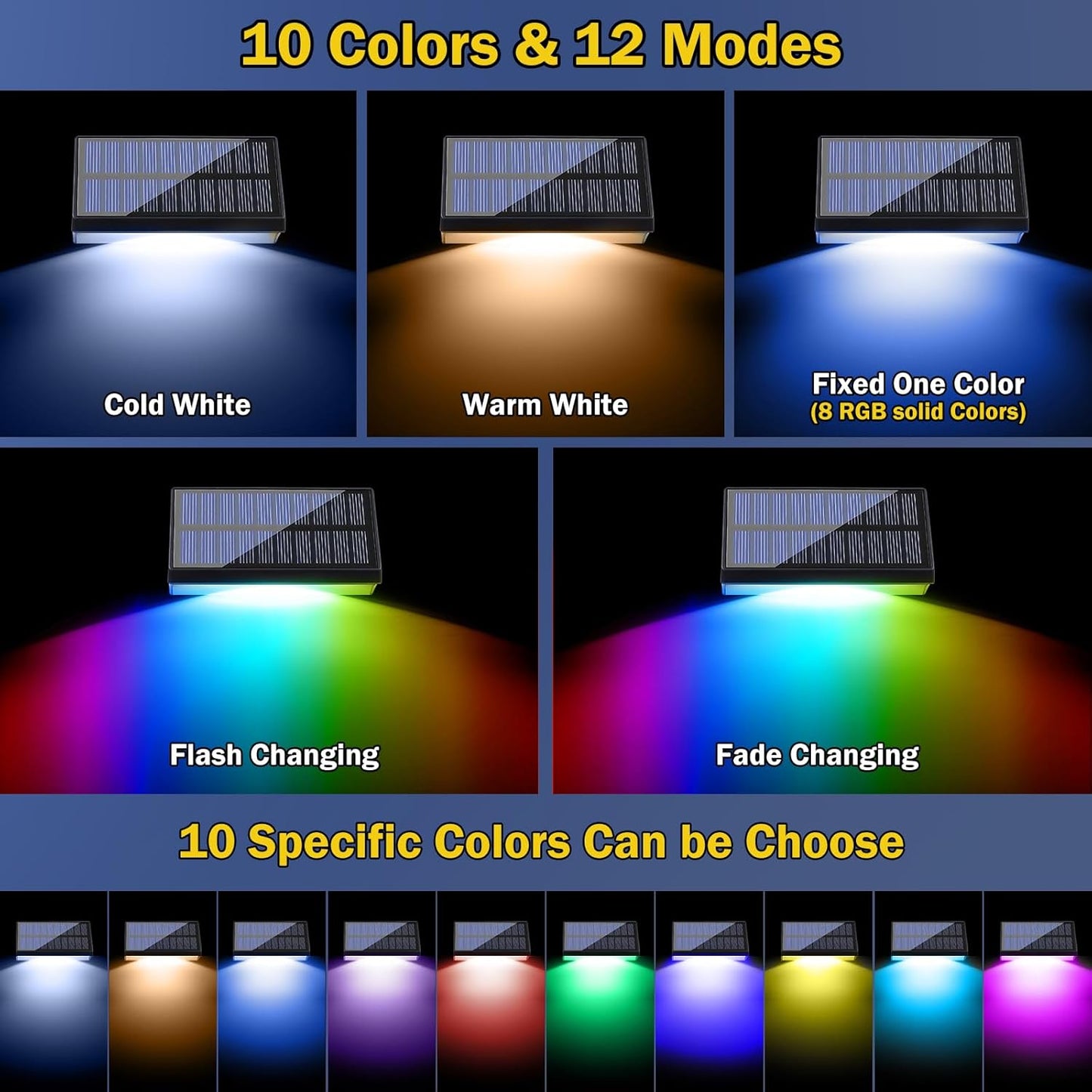 Solar Lights Outdoor, Solar Fence Lights with 10 RGB Colors, IP65 Waterproof Wireless Powered Deck Fence Lights for Yard, Garden, Patio, Porch, Wall, Step, Garage