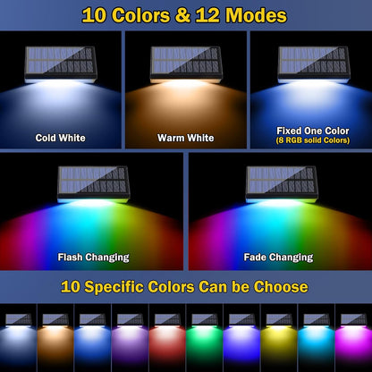 Solar Lights Outdoor, Solar Fence Lights with 10 RGB Colors, IP65 Waterproof Wireless Powered Deck Fence Lights for Yard, Garden, Patio, Porch, Wall, Step, Garage