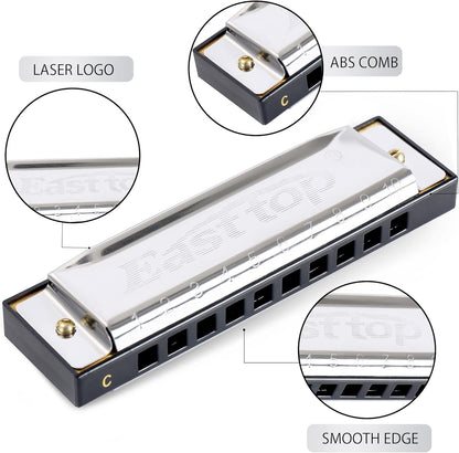 East top Harmonica, C Key Blues Harmonica for Beginners and Adults, 10 Holes Mouth Organ Blues Harp Diatonic Harmonica for For Kids Christmas' Gift
