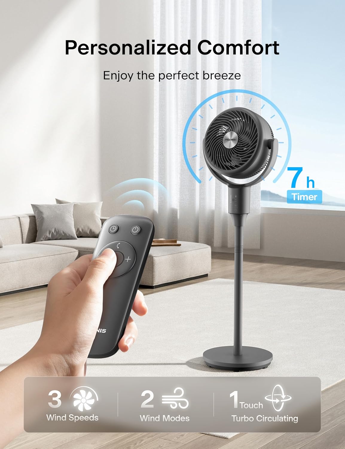 PELONIS Standing Fan for Bedroom, Table Fan & Pedestal Fan, 135°+90°Auto Oscillation, 23 dB Quiet Oscillating Floor Fans with Remote, 3 Speeds, 80 ft Air Circulator, 7H Timer, Memory Function