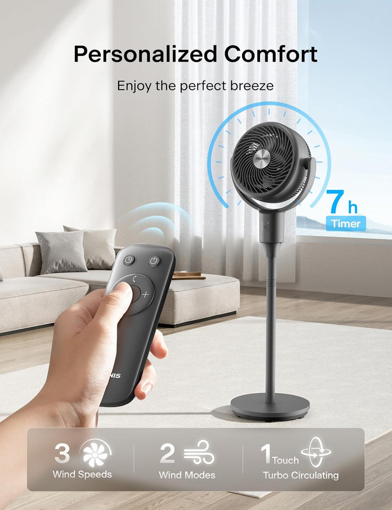 PELONIS Standing Fan for Bedroom, Table Fan & Pedestal Fan, 135°+90°Auto Oscillation, 23 dB Quiet Oscillating Floor Fans with Remote, 3 Speeds, 80 ft Air Circulator, 7H Timer, Memory Function