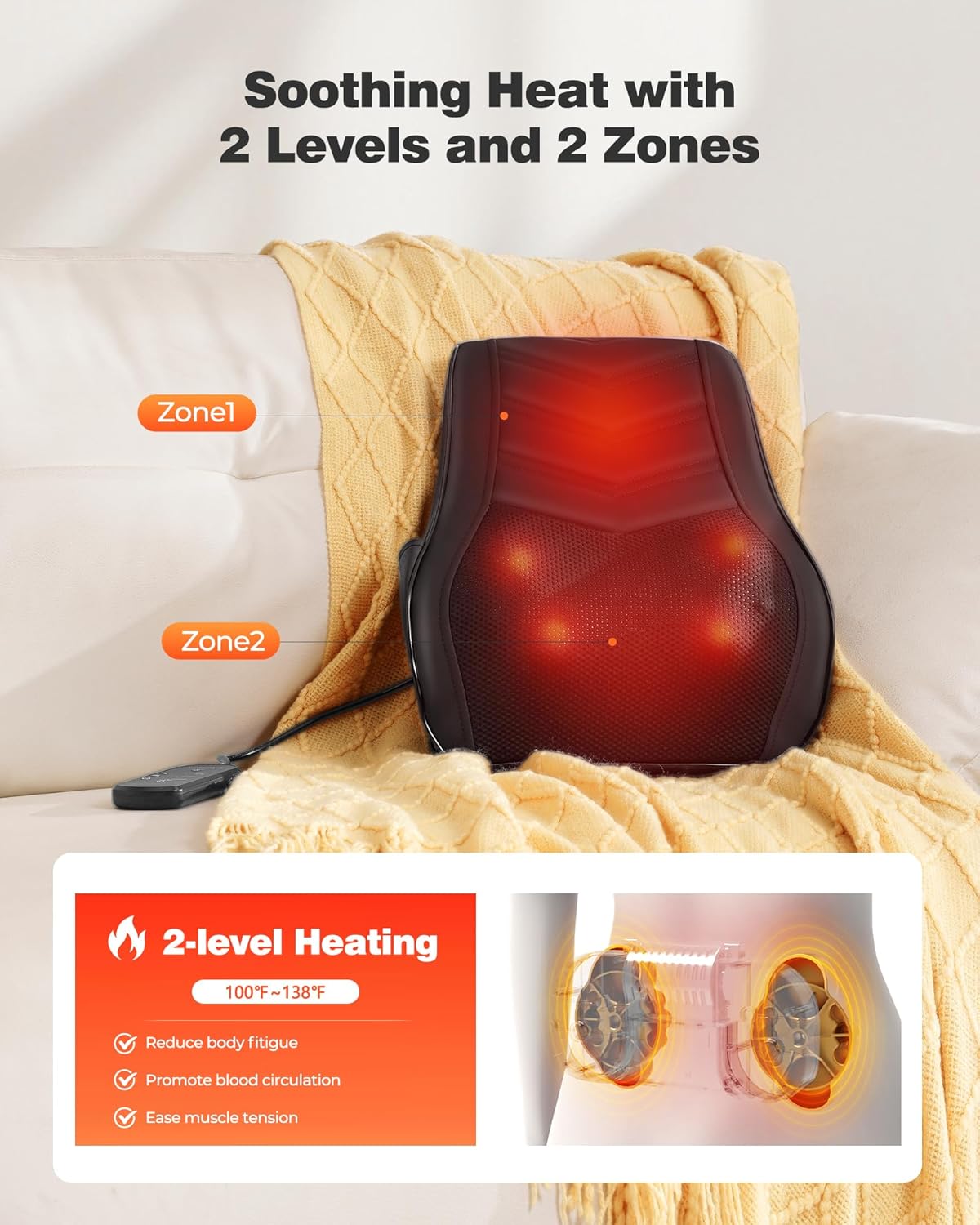 Pain Relief Back Massager – Shiatsu Neck & Back Massager with Heat – 3D Deep Tissue Kneading Massage Pillow for Neck, Shoulders, Back, Legs & Calves - PuriLite