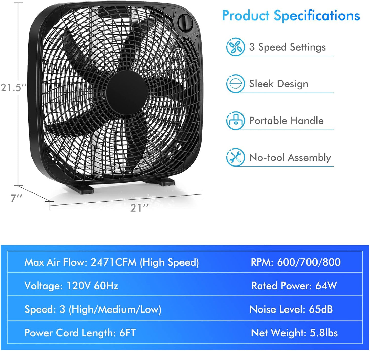 Tangkula 3-Speed Box Fan, 20 inch Floor Fan for Full-Force Circulation with Air Conditioner, 3 Settings, Adjustable Dial, Carrying Handle, Portable Floor Fan for Home, Compact & Lightweight (Black)