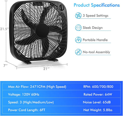 Tangkula 3-Speed Box Fan, 20 inch Floor Fan for Full-Force Circulation with Air Conditioner, 3 Settings, Adjustable Dial, Carrying Handle, Portable Floor Fan for Home, Compact & Lightweight (Black)
