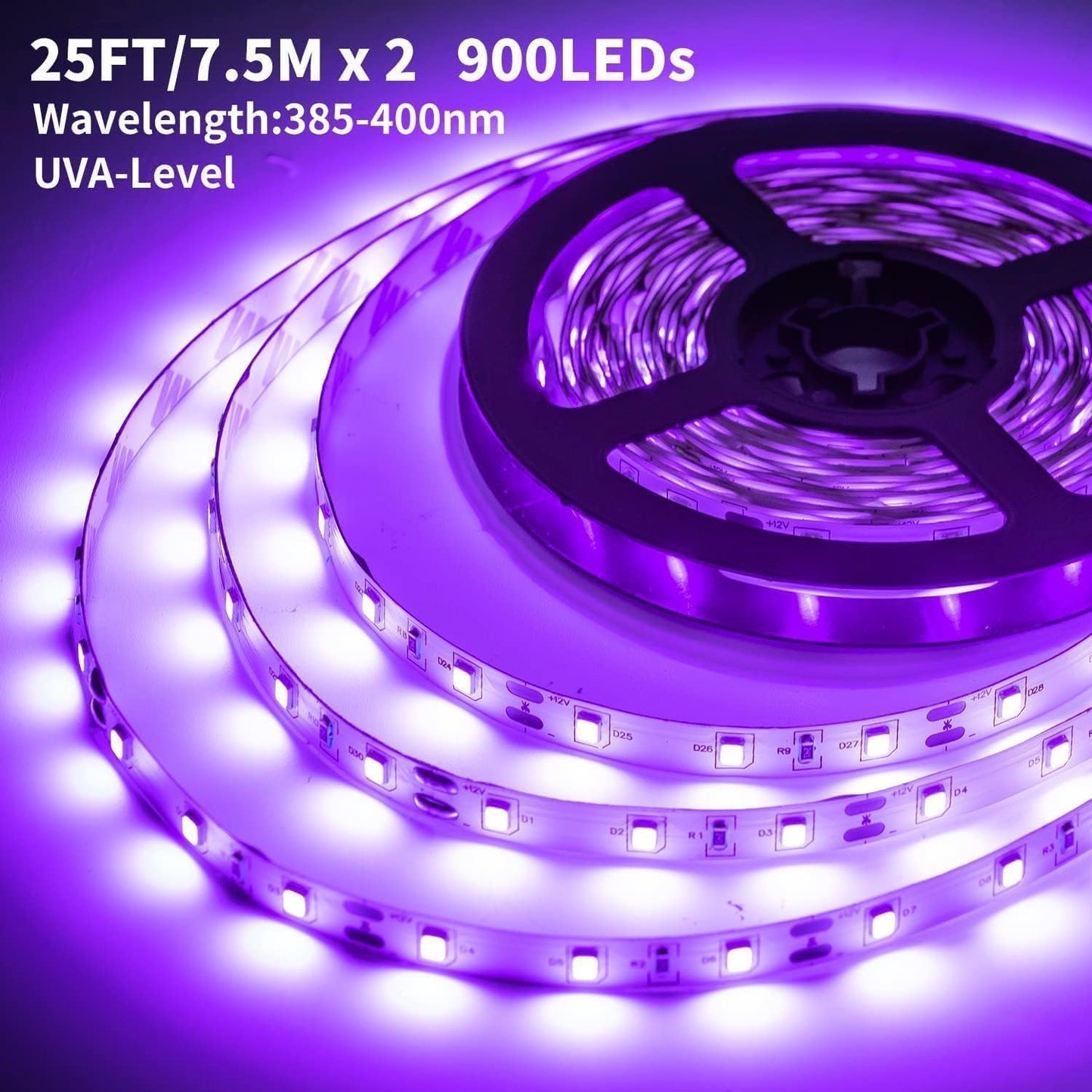 Upgraded 50ft/15M LED Black Light Strip Set with Remote, 900 LEDs, 12V Self-Adhesive Dimmable Black Light Fixture, for Dance Parties, Interior Decoration, SMD2835 LED Lamp Beads, Non-Waterproof
