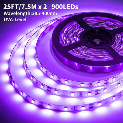 Upgraded 50ft/15M LED Black Light Strip Set with Remote, 900 LEDs, 12V Self-Adhesive Dimmable Black Light Fixture, for Dance Parties, Interior Decoration, SMD2835 LED Lamp Beads, Non-Waterproof