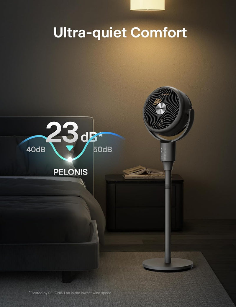 PELONIS Standing Fan for Bedroom, Table Fan & Pedestal Fan, 135°+90°Auto Oscillation, 23 dB Quiet Oscillating Floor Fans with Remote, 3 Speeds, 80 ft Air Circulator, 7H Timer, Memory Function