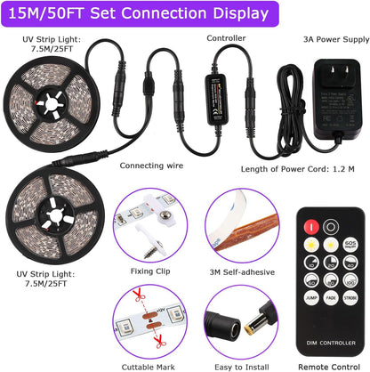 Upgraded 50ft/15M LED Black Light Strip Set with Remote, 900 LEDs, 12V Self-Adhesive Dimmable Black Light Fixture, for Dance Parties, Interior Decoration, SMD2835 LED Lamp Beads, Non-Waterproof