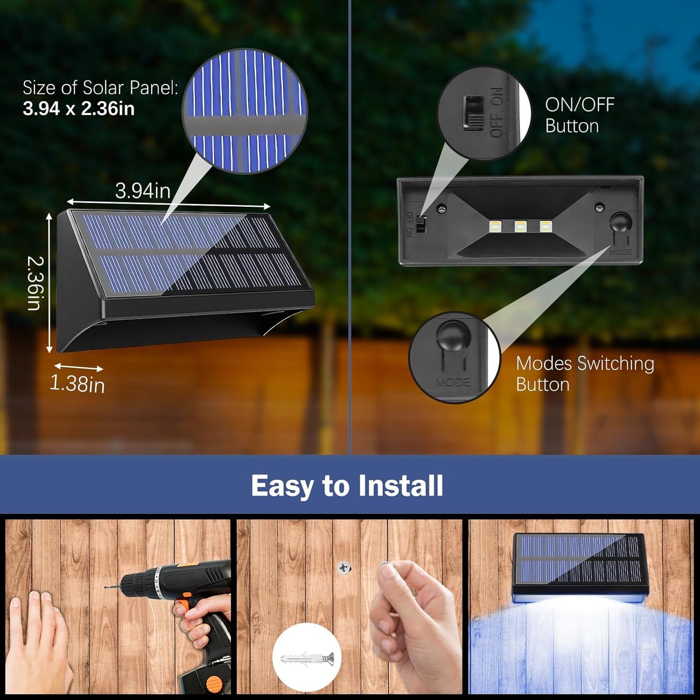 Solar Lights Outdoor, Solar Fence Lights with 10 RGB Colors, IP65 Waterproof Wireless Powered Deck Fence Lights for Yard, Garden, Patio, Porch, Wall, Step, Garage