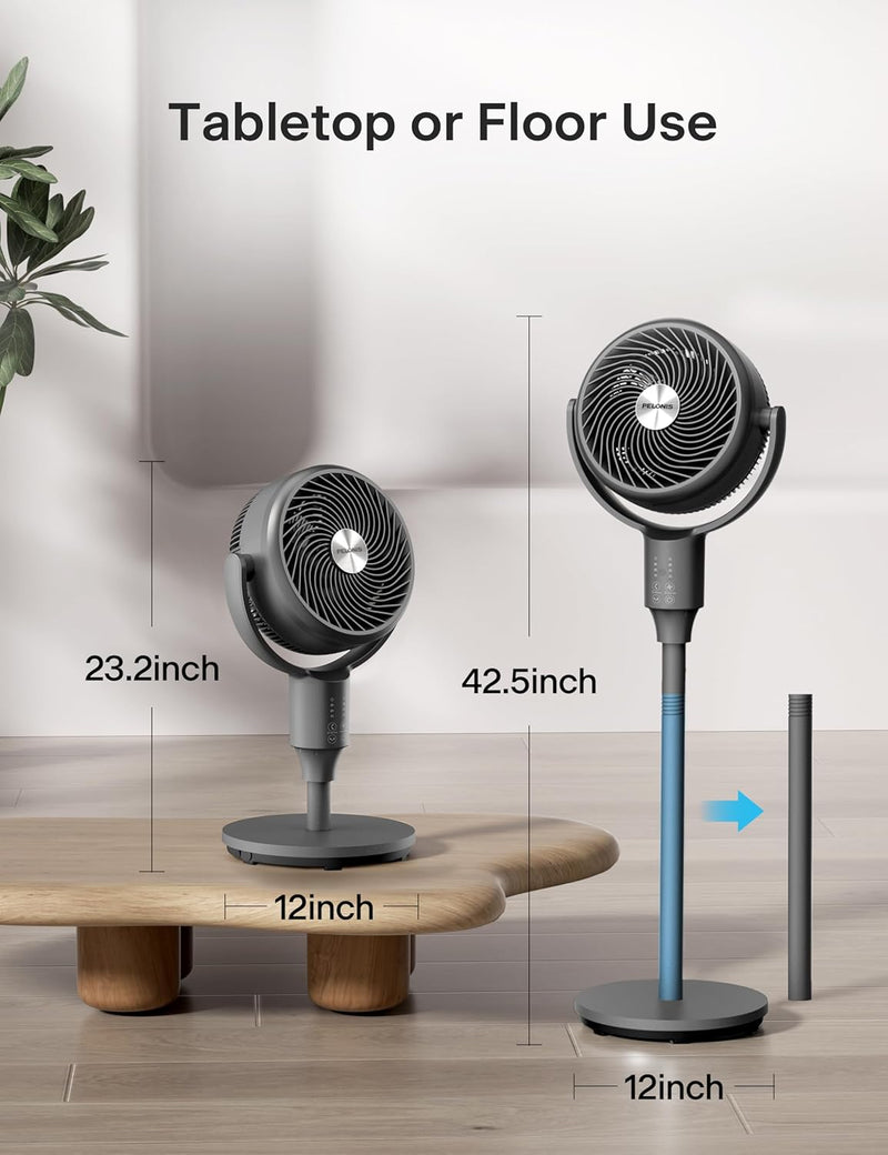PELONIS Standing Fan for Bedroom, Table Fan & Pedestal Fan, 135°+90°Auto Oscillation, 23 dB Quiet Oscillating Floor Fans with Remote, 3 Speeds, 80 ft Air Circulator, 7H Timer, Memory Function