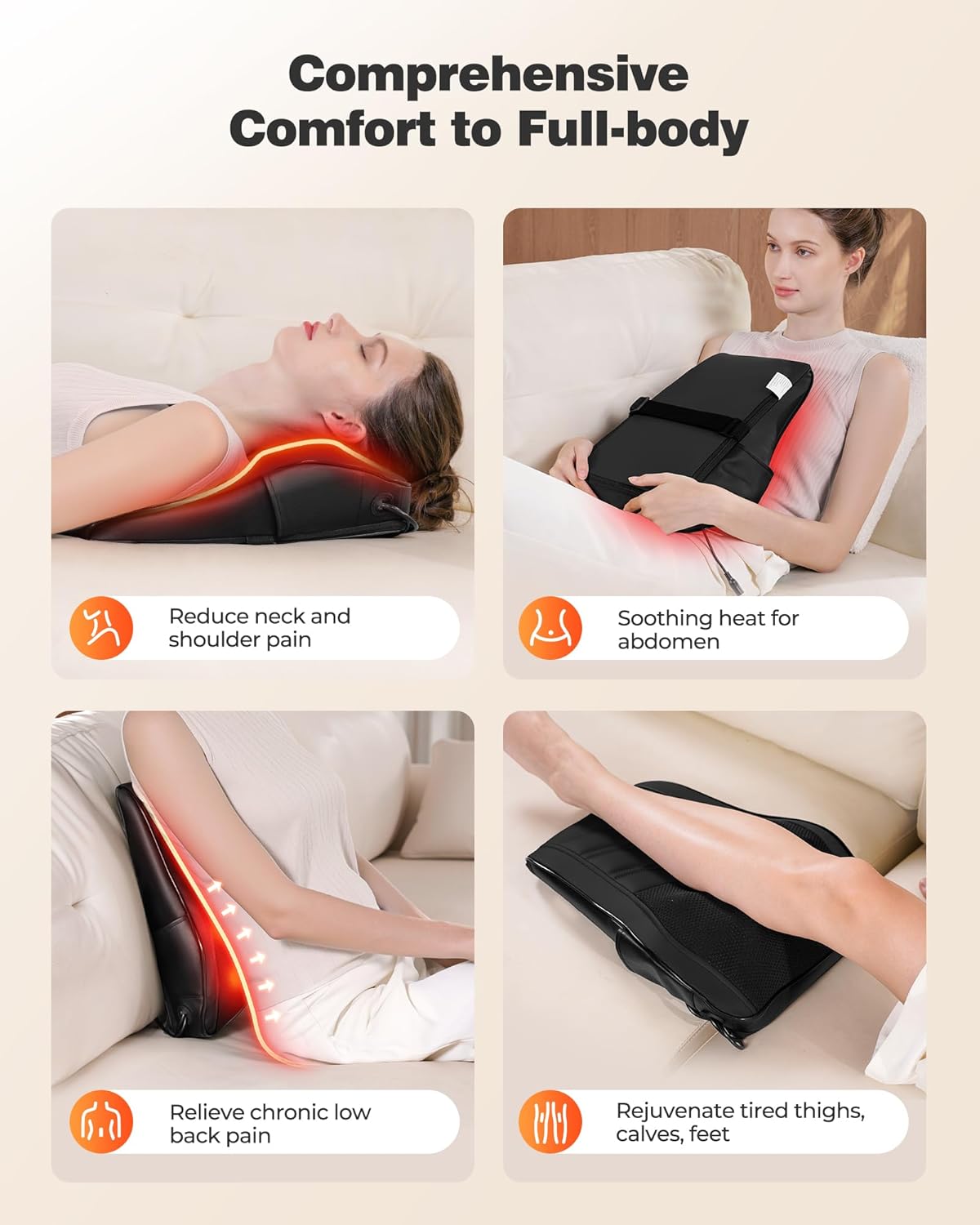 Pain Relief Back Massager – Shiatsu Neck & Back Massager with Heat – 3D Deep Tissue Kneading Massage Pillow for Neck, Shoulders, Back, Legs & Calves - PuriLite