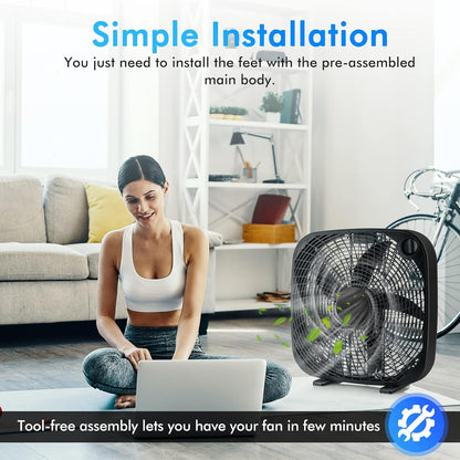 Tangkula 3-Speed Box Fan, 20 inch Floor Fan for Full-Force Circulation with Air Conditioner, 3 Settings, Adjustable Dial, Carrying Handle, Portable Floor Fan for Home, Compact & Lightweight (Black)