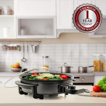 Ovente SK11112B Electric Skillet with Non-Stick Aluminum Body, 12 Inch, 1400-Watts, Temperature Controller, Tempered Glass Cover, Cool-Touch Handles, Black