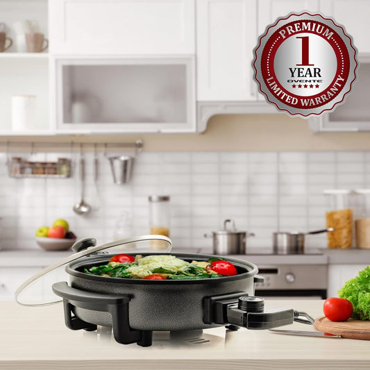 Ovente SK11112B Electric Skillet with Non-Stick Aluminum Body, 12 Inch, 1400-Watts, Temperature Controller, Tempered Glass Cover, Cool-Touch Handles, Black - PuriLite