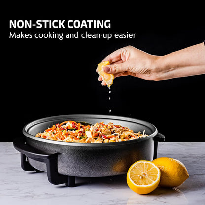 Ovente SK11112B Electric Skillet with Non-Stick Aluminum Body, 12 Inch, 1400-Watts, Temperature Controller, Tempered Glass Cover, Cool-Touch Handles, Black