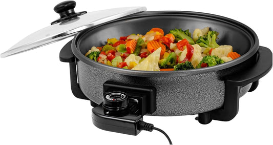 Ovente SK11112B Electric Skillet with Non-Stick Aluminum Body, 12 Inch, 1400-Watts, Temperature Controller, Tempered Glass Cover, Cool-Touch Handles, Black