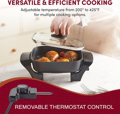 Elite Gourmet EG808 8” x 8" Non-stick Electric Skillet, Dishwasher Safe with Tempered Glass Vented Lid, Rapid Heat Up, 600W, Black