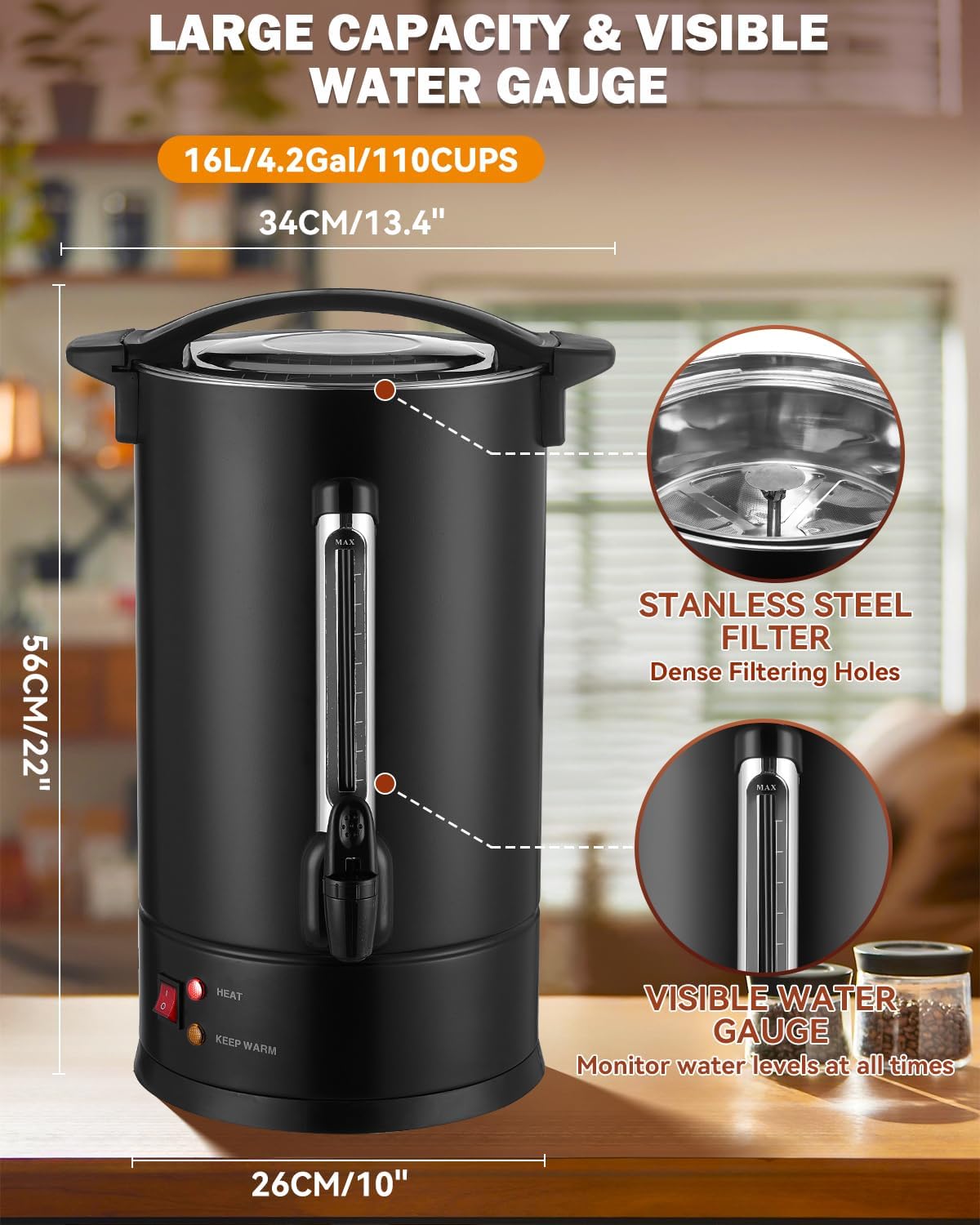 110 Cup Commercial Coffee Urn with Percolator, 1500W Upgraded Power, Quick-Brewing Coffee Maker With Auto Temp Control, Large Stainless Steel Hot Beverage Dispenser, Hot Water Urn