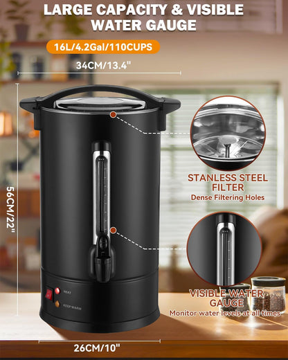 110 Cup Commercial Coffee Urn with Percolator, 1500W Upgraded Power, Quick-Brewing Coffee Maker With Auto Temp Control, Large Stainless Steel Hot Beverage Dispenser, Hot Water Urn