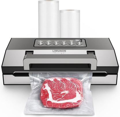Precision Vacuum Sealer Machine – LIWUNON Stainless Steel Powerful Food Sealer, Double Heat Seal One Hand Operation Versatile for All Food Storage with Build-in Cutter & Roll Storage, Sous Vide