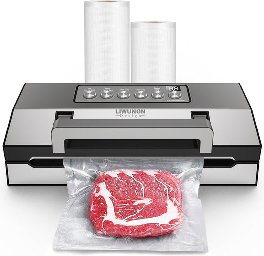 Precision Vacuum Sealer Machine – LIWUNON Stainless Steel Powerful Food Sealer, Double Heat Seal One Hand Operation Versatile for All Food Storage with Build-in Cutter & Roll Storage, Sous Vide