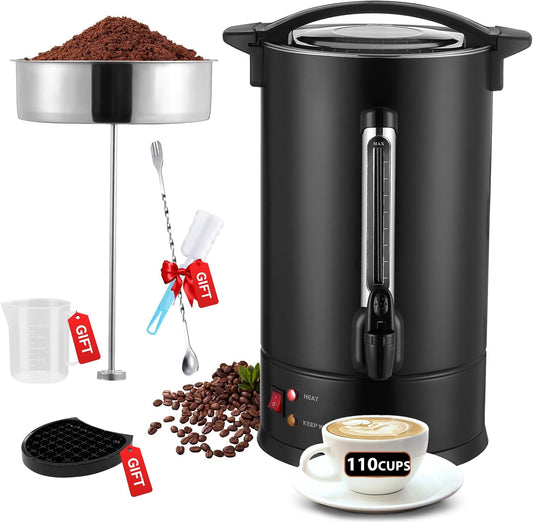 110 Cup Commercial Coffee Urn with Percolator, 1500W Upgraded Power, Quick-Brewing Coffee Maker With Auto Temp Control, Large Stainless Steel Hot Beverage Dispenser, Hot Water Urn