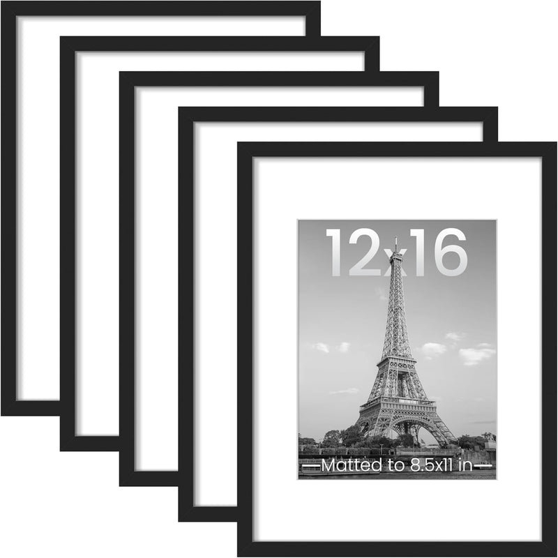 upsimples 12x16 Picture Frame Set of 5,Display Pictures 8.5x11 with Mat or 12x16 Without Mat,Wall Gallery Photo Frames,Black