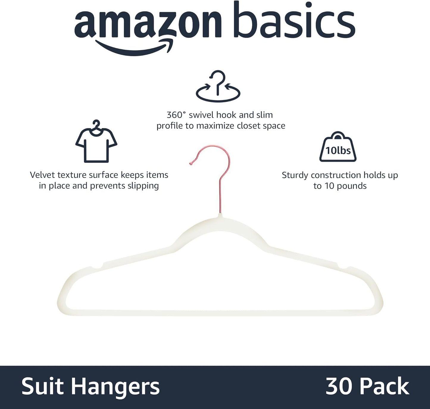 Amazon Basics Slim, Velvet, Non-Slip Suit Clothes Hangers, Ivory/Rose Gold - Pack of 30