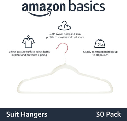 Amazon Basics Slim, Velvet, Non-Slip Suit Clothes Hangers, Ivory/Rose Gold - Pack of 30