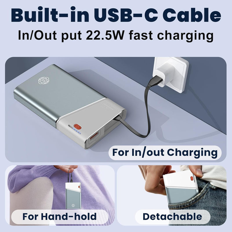 Portable Charger Power Bank 20000mAh - 22.5W PD Super Fast Charging with Detchable Cable in & Output, Travel Essential Battery Pack Compatible with iPhone16/15/14/13 iPad MacBook Samsung Android etc