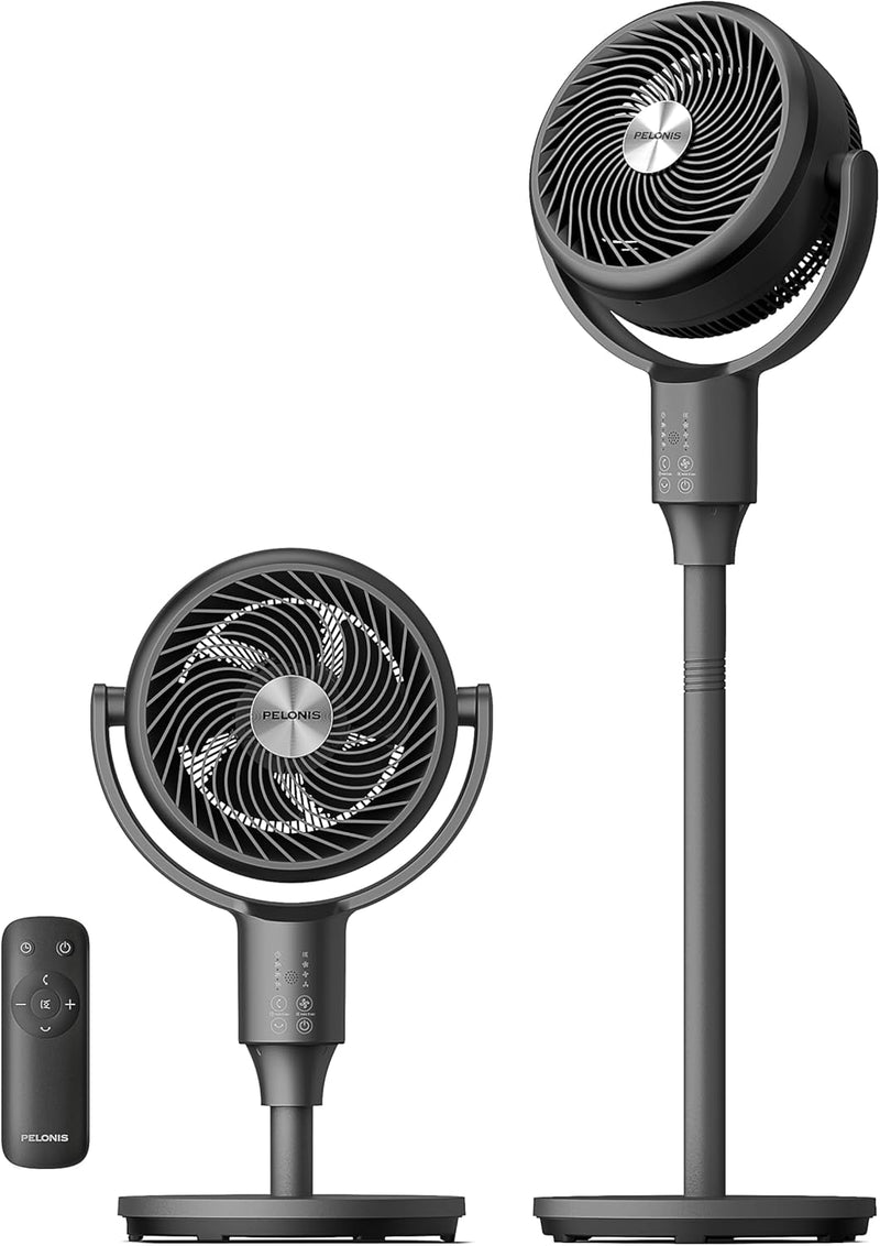 PELONIS Standing Fan for Bedroom, Table Fan & Pedestal Fan, 135°+90°Auto Oscillation, 23 dB Quiet Oscillating Floor Fans with Remote, 3 Speeds, 80 ft Air Circulator, 7H Timer, Memory Function