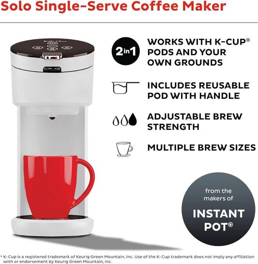Instant Solo Single Serve Coffee Maker, From the Makers of Instant Pot, K-Cup Pod Compatible Coffee Brewer, Includes Reusable Coffee Pod & Bold Setting, Brew 8 to 12oz., 40oz. Water Reservoir, White