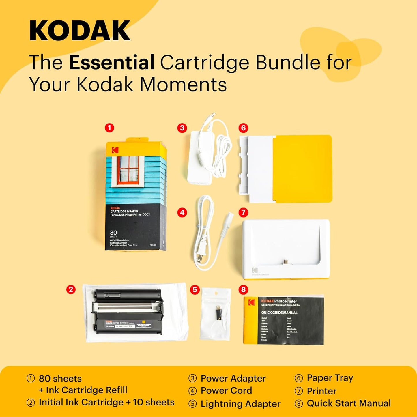 KODAK Dock Plus 4PASS Instant Photo Printer (4x6 inches) + 90 Sheets Bundle (10 Initial Sheets + 80 Sheets Pack)