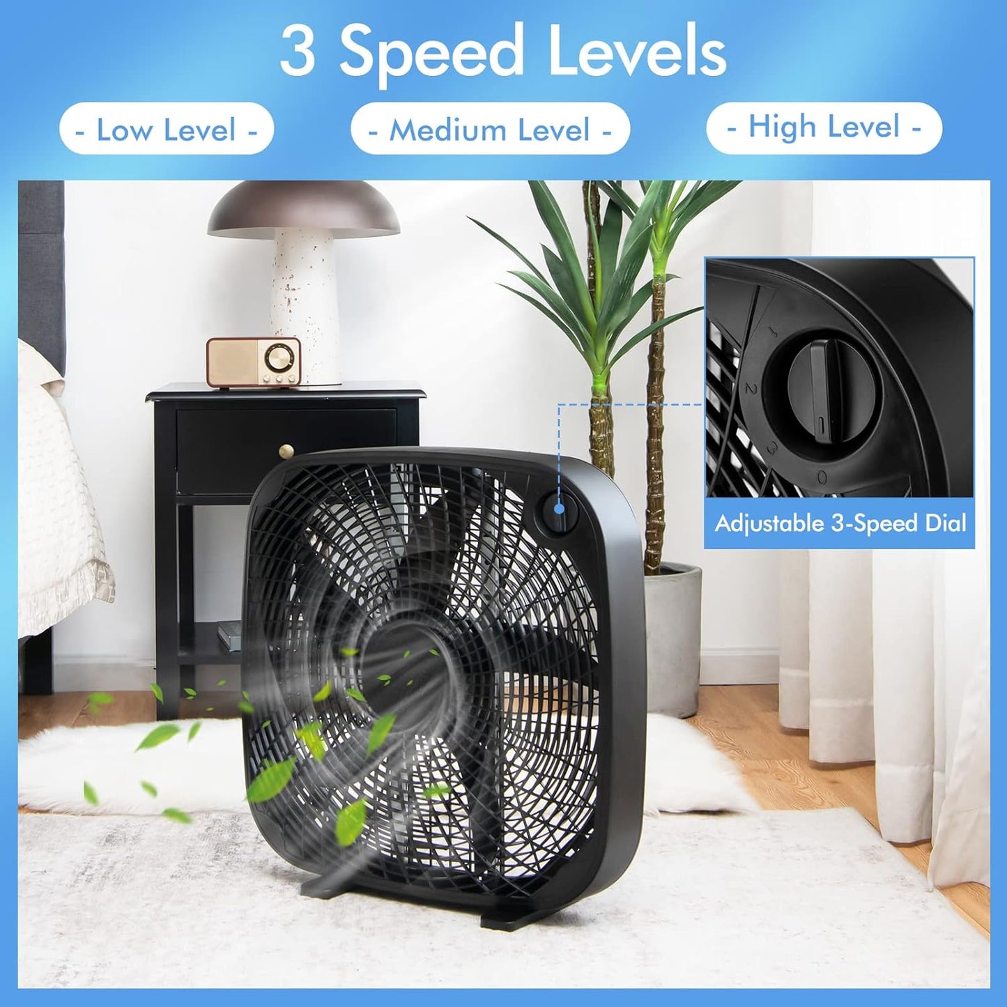 Tangkula 3-Speed Box Fan, 20 inch Floor Fan for Full-Force Circulation with Air Conditioner, 3 Settings, Adjustable Dial, Carrying Handle, Portable Floor Fan for Home, Compact & Lightweight (Black)