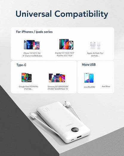VEGER Portable Charger for iPhone Built in Cables Fast Charging USB C Slim 10000mAh Power Bank, Wall Plug USB Battery Pack for iPhones, iPad, Samsung More Phones Tablets (White)