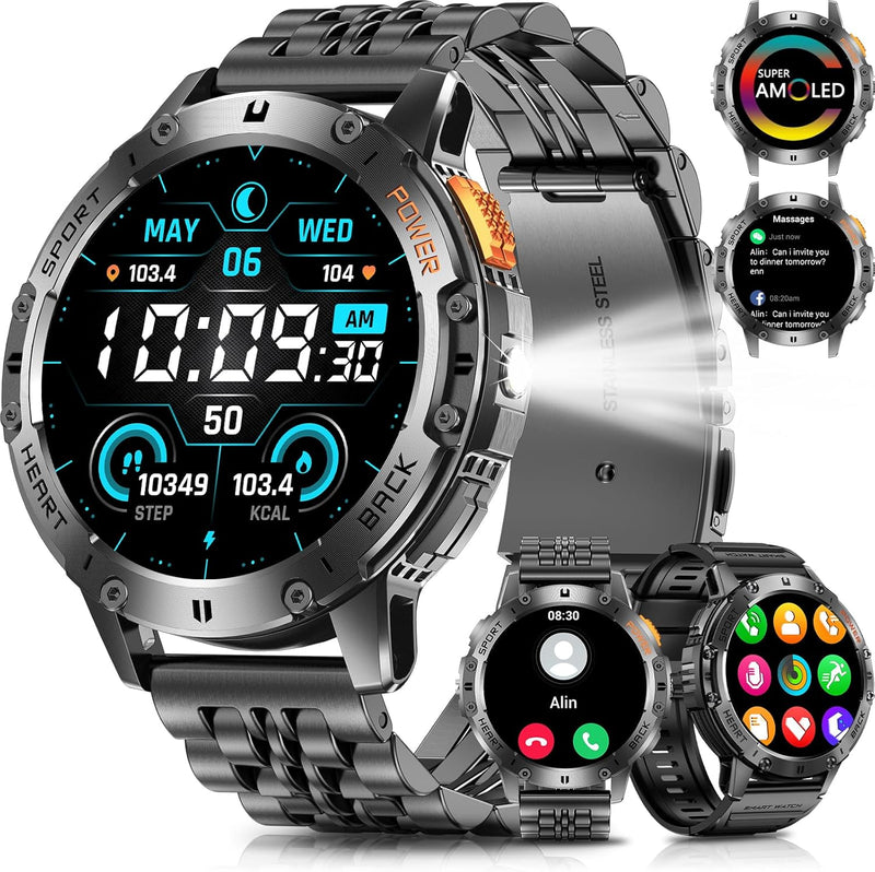 Military Smart Watches for Men with Bluetooth Call, 1.43" AMOLED Smartwatch with Flashlight, IP68 Waterproof, 530mAh Large Battery, 111 Sports Modes Fitness Tracker for iOS Android