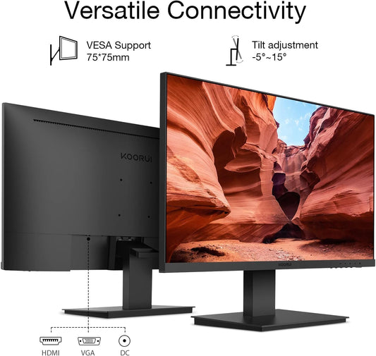 KOORUI 24 Inch Computer Monitor Full HD 1920 x 1080p VA Display 75Hz 3000:1 Contrast Ratio with HDMI, VGA, Frameless, 75 x 75 mm VESA Mountable, Ergonomic Tilt, Black, 24N1A - PuriLite