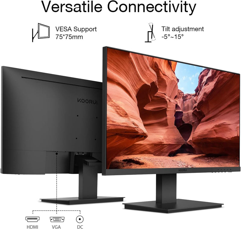 KOORUI 24 Inch Computer Monitor Full HD 1920 x 1080p VA Display 75Hz 3000:1 Contrast Ratio with HDMI, VGA, Frameless, 75 x 75 mm VESA Mountable, Ergonomic Tilt, Black, 24N1A