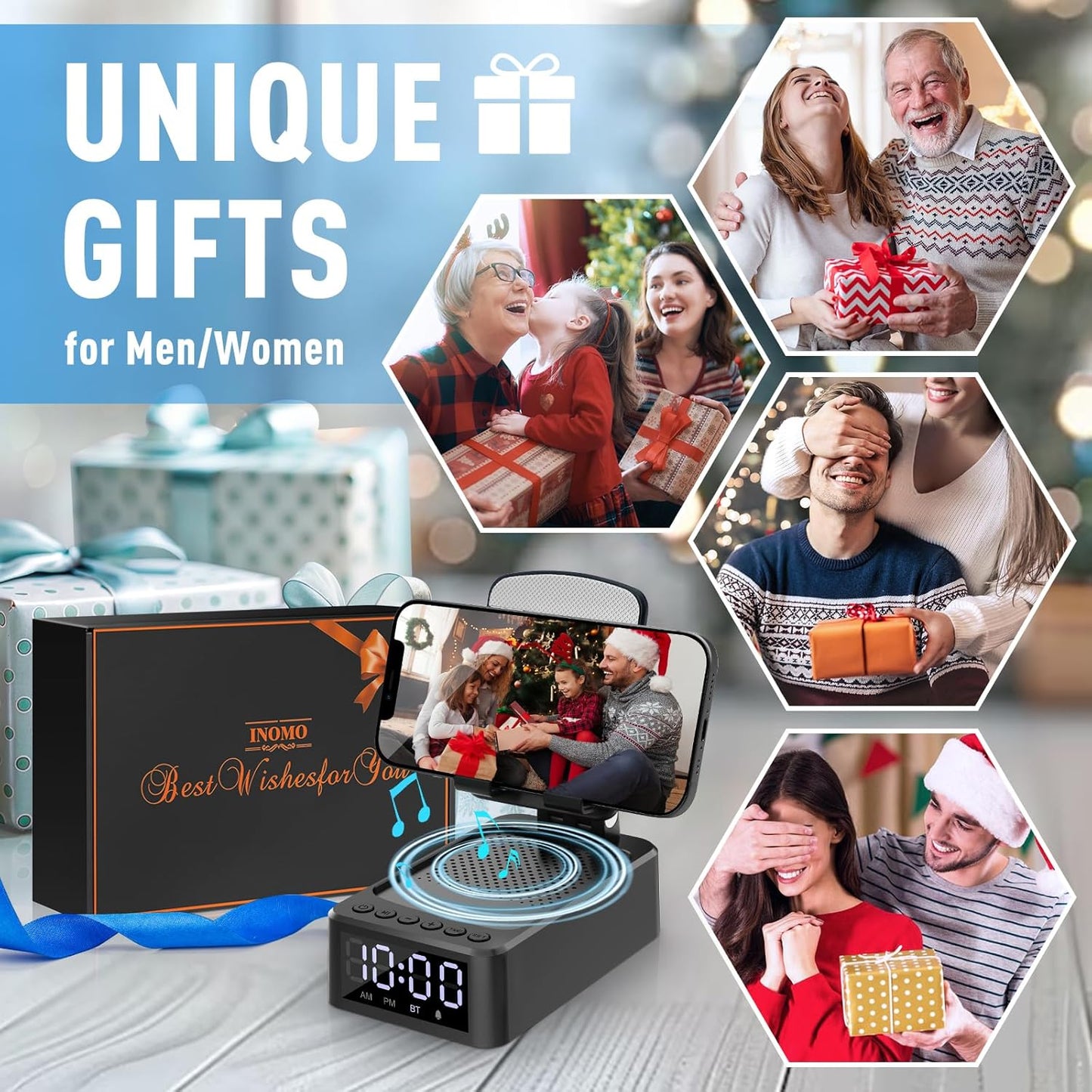 3-in-1 Desk Phone Stand with Wireless Speaker and LED Clock, Adjustable Smartphone Holder for Home and Office Use